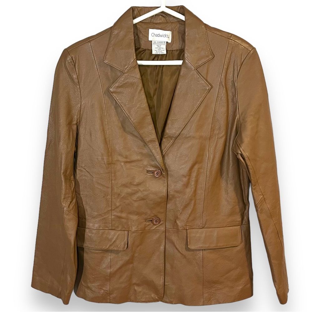 Chadwicks Size 12 Premium Brown Leather Jacket Single Breast Button Front Pocket